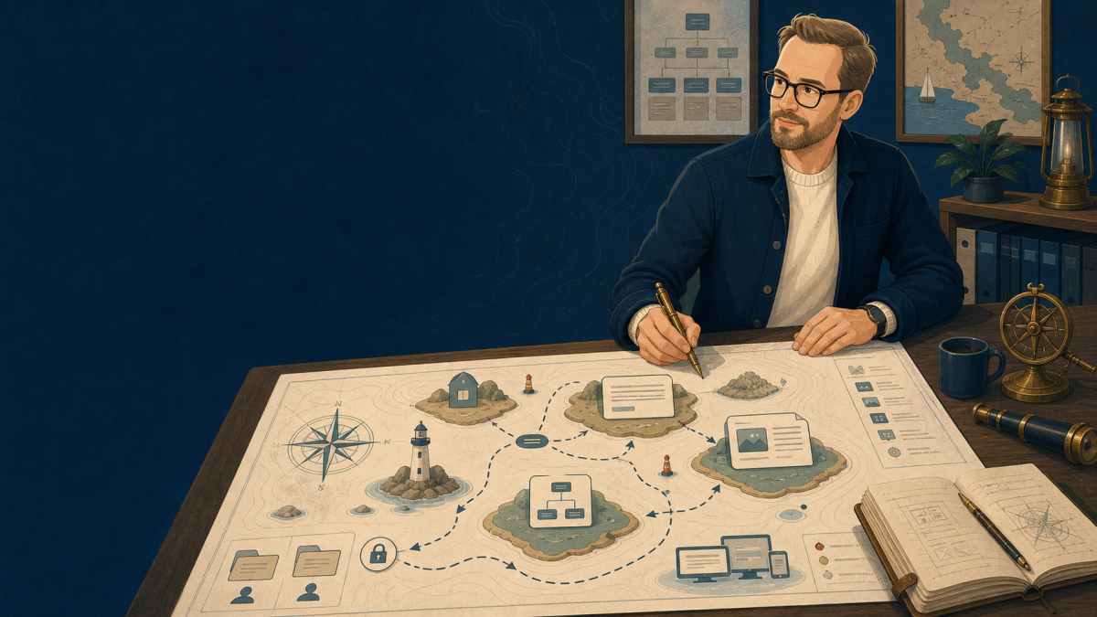 Illustration: Der Websailing-Lotse plant strukturierte Redaktionsrouten auf einer Kurskarte.