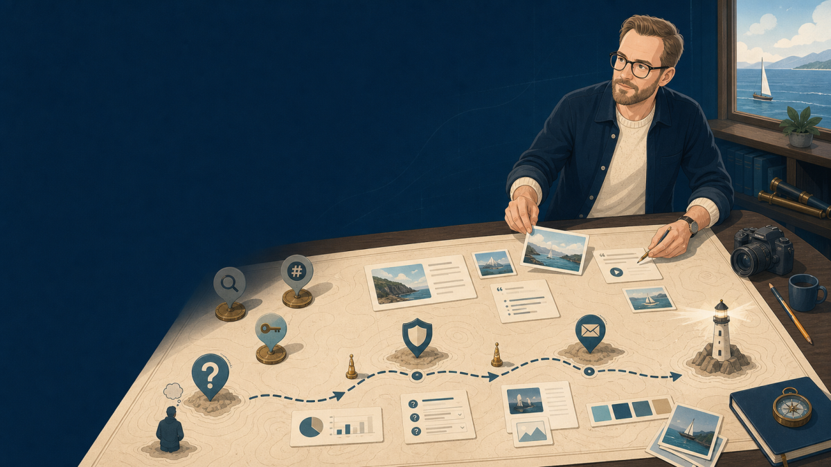 Illustration: Der Websailing-Lotse ordnet Text, Bild und Grafik zu einer klaren Inhaltsroute.