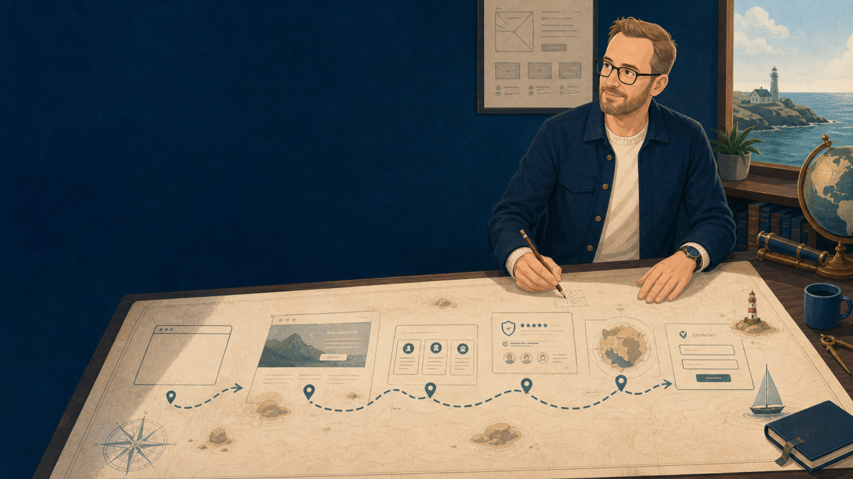 Illustration: Der Websailing-Lotse plant den ersten Eindruck einer Homepage auf einer Kurskarte.