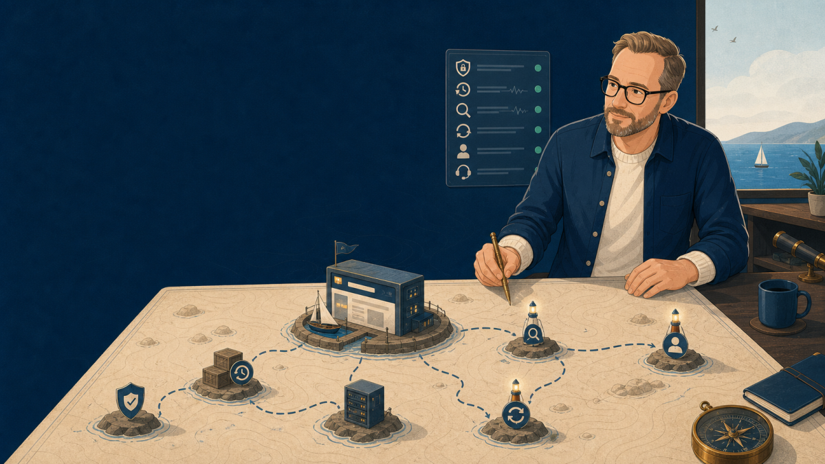 Illustration: Der Websailing-Lotse verbindet Hosting, Backup und Monitoring zu einem sicheren Betriebskurs.
