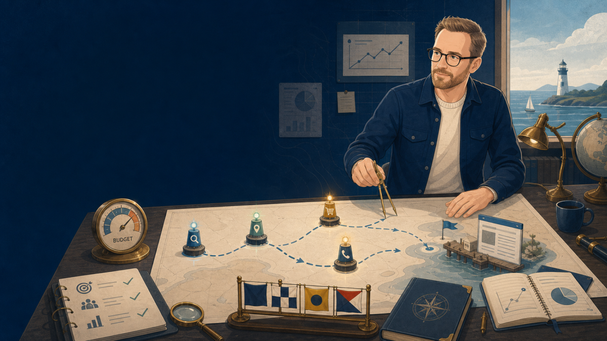 Illustration: Leuchtbojen markieren Budget, Keywords und Landingpage als steuerbaren Google-Ads-Kurs.