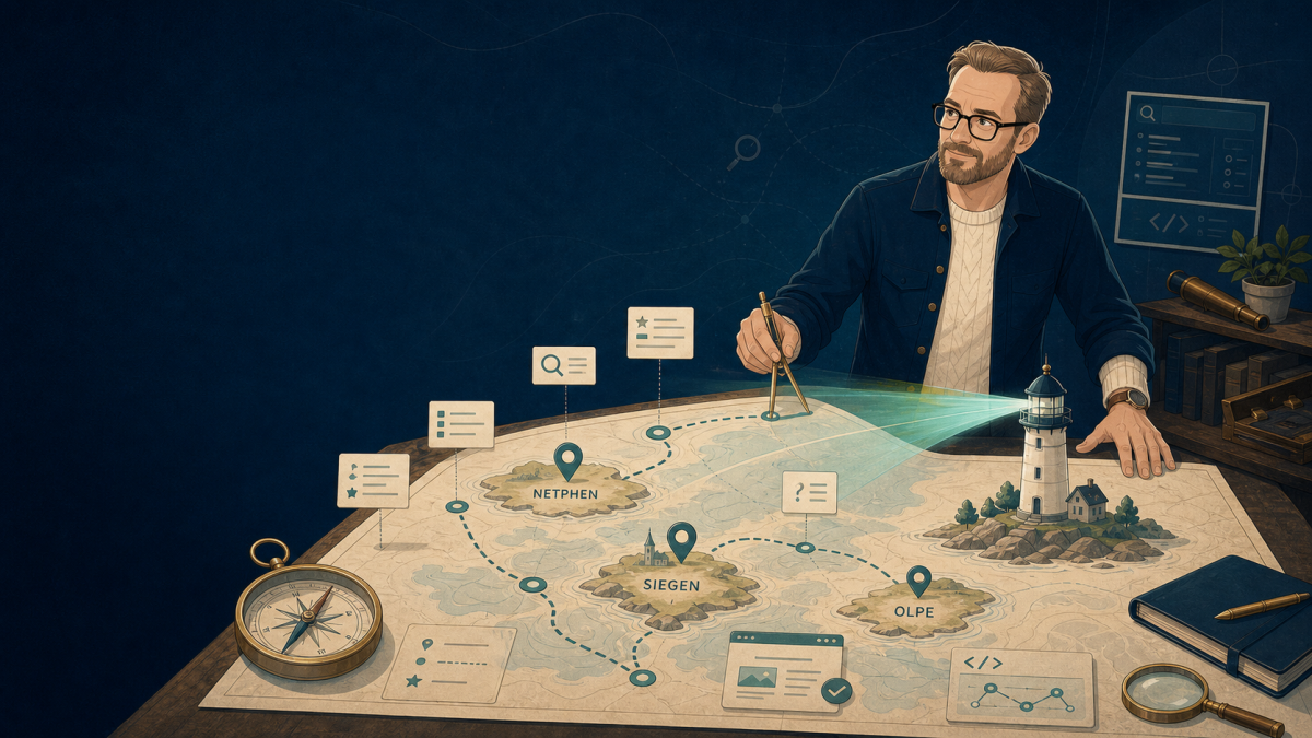 Illustration: Ein Leuchtturm macht lokale Suchpunkte für Netphen, Siegen und Olpe sichtbar.