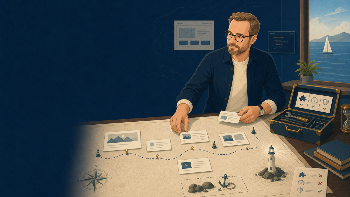 Illustration: Der Websailing-Lotse ordnet WordPress-Bausteine auf einer Kurskarte.