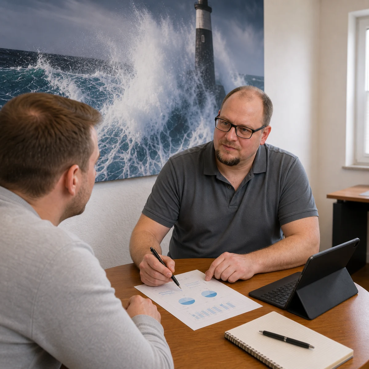 Timo Werlich plant mit einem Kunden am runden Besprechungstisch eine SEO-Kampagne