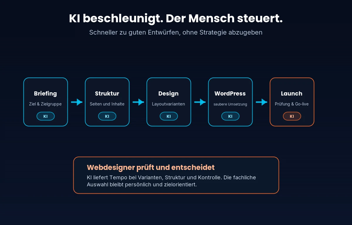 Infografik: KI beschleunigt Briefing, Struktur, Design, WordPress und Launch, der Webdesigner prüft und entscheidet