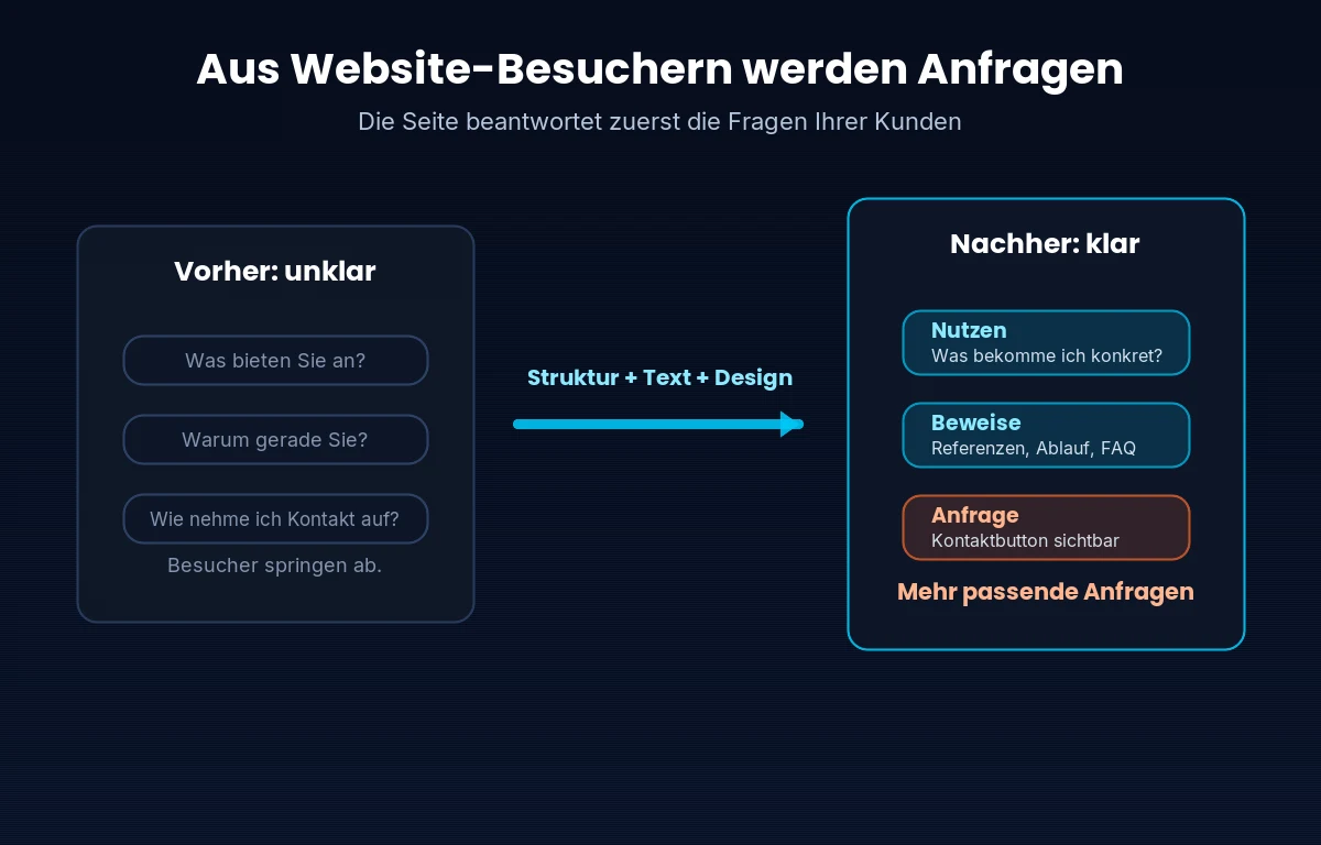 Infografik: Aus unklaren Website-Fragen wird eine klare Seite mit Nutzen, Beweisen und Kontaktanfrage